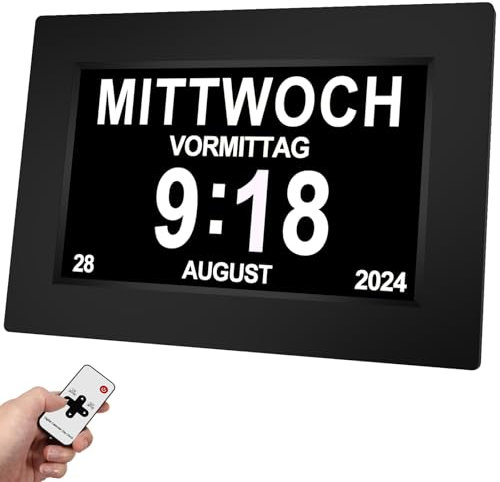 SINOIDEAS Digitaler Wecker, Digitaler Kalender, Demenzuhr für Senioren mit Benutzerdefinierten Erinnerungen (Schwarz, 8 Zoll)