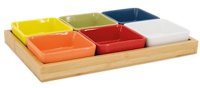 REMEMBER 6 Schalen mit Holztablett Nr.1 - B 33 x T 22 - Buntes Schalen-Set