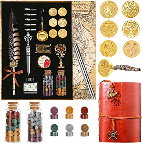 YICMY Feather Pen Pheasant Quill Pen and Ink Set,Caligraphy Kits for Beginners, Feather Pen and Ink Set With Leather Journal Notebook,Wax Seal Kit,7 Wax Seal Stamp Heads,Calligraphy Pens for Gift