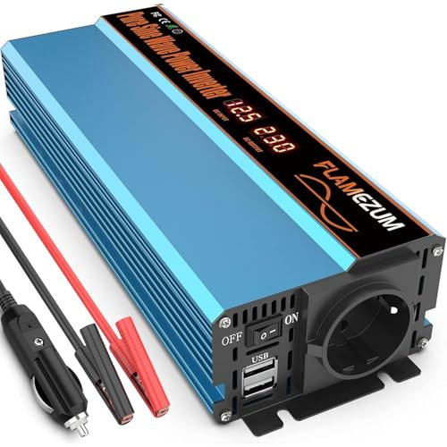 FLAMEZUM 1000W Wechselrichter 12V auf 230V Reiner Sinus Umwandler -Auto Spannungswandler Inverter Konverter mit 1 EU Steckdose und 2 x 3.4A 5V USB-Port
