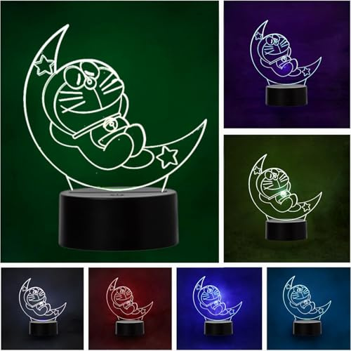 Wolobox | Lampada LED Doraemon Luna | Decorazione Ambiente | Luce Notturna Colorata | Illuminazione per Bambini e Adulti | USB | Fissa o Carosello | Cavo-Batterie