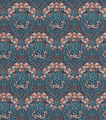 Rasch Tapete 710021 - Dunkelblaue Vliestapete mit Blättern in Hellblau und Blumen in Orange-Rot und Weiß aus der Kollektion Sophia - 10,05m x 0,53m (LxB)