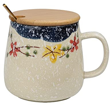 Tazza da caffè giapponese in ceramica, stile vintage, squisite tazze smaltate con cucchiaio e coperchio, 362,9 g, idea regalo creativo per amici/amanti (fiori di prugna)