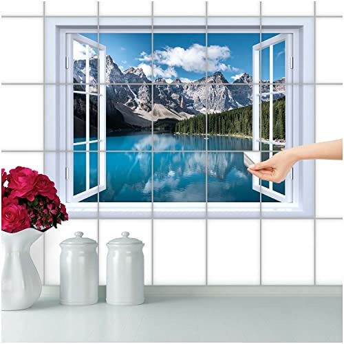 FoLIESEN Fliesenaufkleber - Deko-Bild für Bad, Küche, Badezimmer - Dekoration Fliesen-Bild selbstklebend - Bergsee, Fliese - Bild (BxH):15x15 cm - 90x60 cm / 24-tlg.