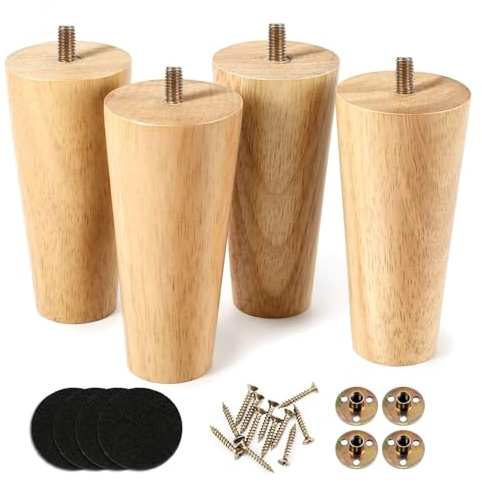 Eidoct Solid Wooden Furniture Legs Wood Sofa Legs 4 Pcs Chair Leg Bed Cabinet Couch Legs Sofa Feet Straight Cone Furniture Replacement Feet with Mounting Plate, Screws and Anti Slip Mats（10cm）