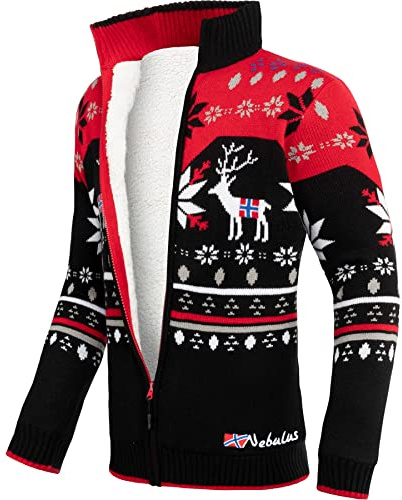 Nebulus Herren Norweger Strickjacke SVERRE, gefütterte Jacke, mit Reißverschluss, schwarz-rot - XXL