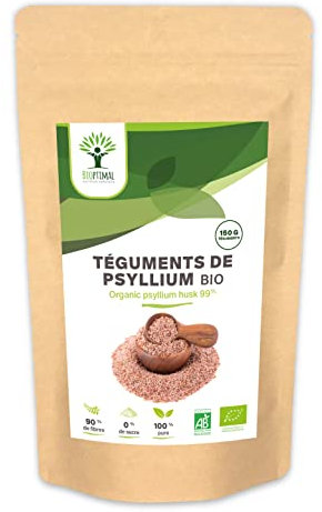Psyllium Blond Bio - Bioptimal - Teguments de Psyllium - Husk Raw - Cosse non moulue - Riche en Fibre - Digestion Transit Coupe Faim - Origine Inde - Conditionné en France - Certifié Ecocert - 150g