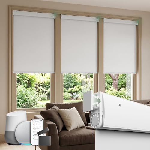 DONGFXK Motorized 100% Blackout Roller Window Shades【Cordless No Drill Easy to Install】 Customized Size Fabric Material Automatic Electric Blinds Remote Control Smart Alexa Privacy White 23 W x 72H | Smart Blackout Roller Shades, Integral Valance Design, Tool-Free Installation, Cordless, Privacy Protect for Bedroom