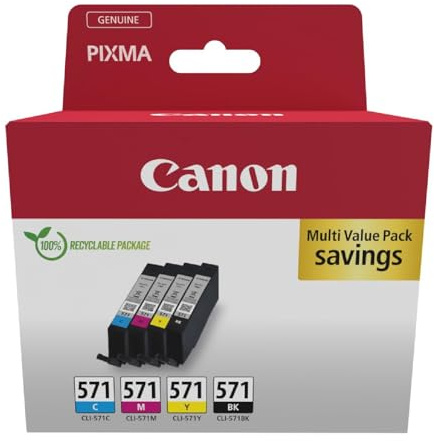 Canon CLI-571 C M Y BK Vorteilspack 4 Tintenpatronen (Schwarz, Cyan, Magenta, Gelb) Original [Umweltfreundliche Recycle-Kartonverpackung 2024 mit Diebstahl Sicherungsetikett]