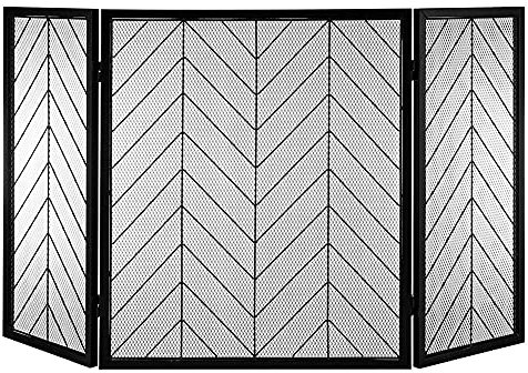 Kaminschutzgitter, 3-teilig, großes Feuerschutzgitter, massiver Funkenschutz aus Schmiedeeisen, kindersicher, Faltbarer Kaminzaun für Holzbrenner/Ofen, 130 x 80 cm (Farbe: Schwarz) (Schwarz) Present