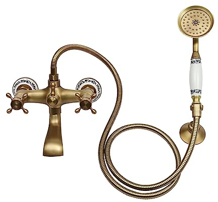 Retro Duschsystem Regendusche mit Armatur Duschset Duscharmatur Komplettset Messing Duschkopf Set - Wandarmatur Badewanne, Gold mit Kreuzgriffen, 2 Wasserstrahlmodi
