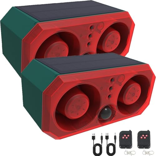 KINGCOO Lot de 2 détecteurs de mouvement solaires d'extérieur avec 13 sons, double haut-parleur 130 dB, enregistrement sonore et avertissement de volume réglable, lumière stroboscopique de sécurité