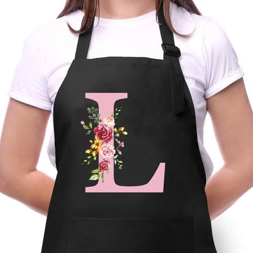 Personalisierte Initialen Schürzen Damen, Kochschürze Baumwolle Verstellbare Küchenschürze mit Taschen zum Kochen, Backen, Geschenk für Frauen Mama Oma Freundin zum Geburtstag Muttertag Weihnachten L