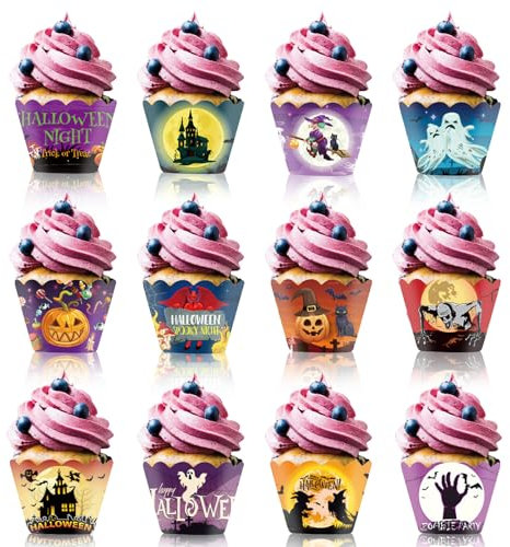 KOBOKO 12 Stück Halloween Cupcake Wrappers, Geist Muffin Deko, Topper Papier, Hexe Deko Torte, Muffinform Wrappers, Muffinförmchen Party Deko