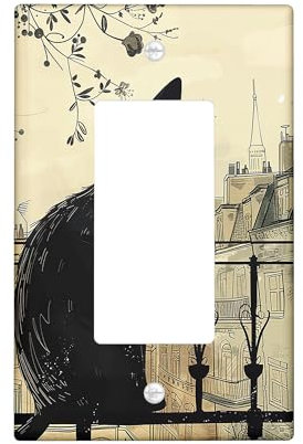 Urban Cat Light Switch Cover Plate, Black Cream Paris Street Single Rocker Wall Plates, Spring Summer Wall Decor, Standard Size Thermoplastic Plate Single Rocker