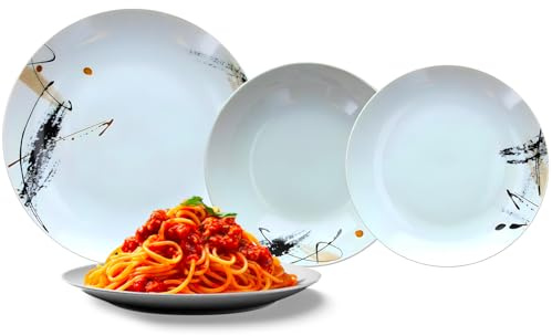 Avilia Servicio de platos de 18 piezas de porcelana blanca con decoración gráfica negra – Juego compuesto por platos hondos, platos llanos y postres, elegantes y modernos, ideales para cualquier