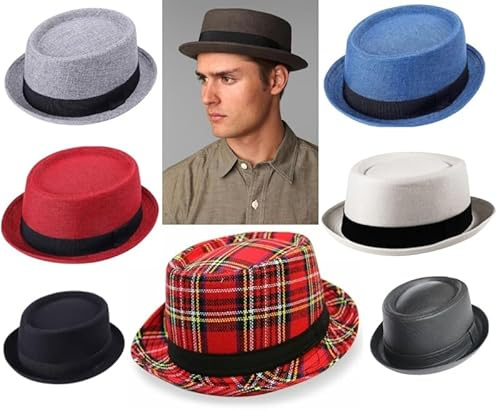 AUSH Men's Flat Top Pork Pie Hat - Wool Pork Pie Fedora Hats Vintage Bowler Outdoor, Beach, Party Hat (UK, Alpha, One Size, M 57, Navy)