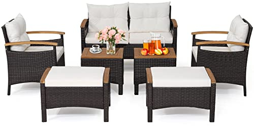 COSTWAY Rotting trädgårdsmöbelset, balkongmöbler, balkongset inkl. 2 stolar med pall, bänk, bord och kuddar, bordsskiva och armstöd av akaciaträ, terrassmöbler, trädgårdsdekor, sittgrupp för trädgård