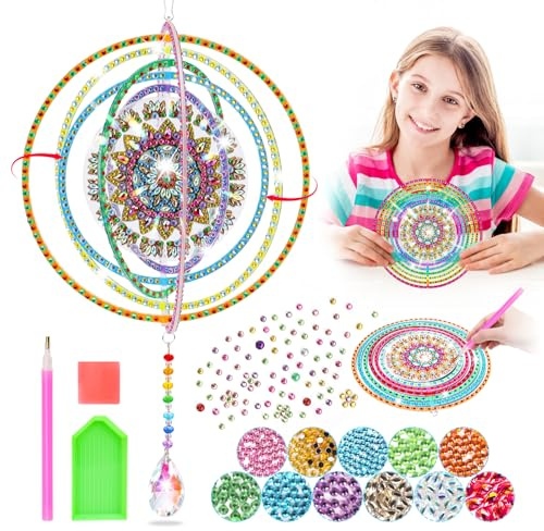 GOMEINA Diamond Painting Kit for Girls 5-12: Wind Spinner Art Crafts Suncatcher Wind Chime Maker Set Birthday Gifts for 6 7 8 9 10 Year Old Girls Mosaic Art Supplies with Gems Crystal (Rainbow)