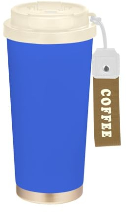 JUNZAN Vaso de café de viaje azul con tapa para llevar, taza de café aislada de acero inoxidable para bebidas frías y calientes, 481.9 g, a prueba de fugas