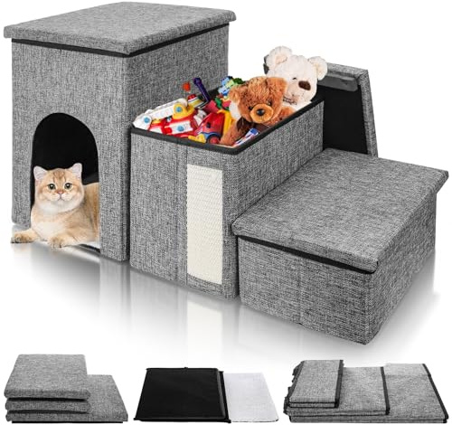 YIMITEE Dog Stairs for Small Dogs, 3 Tiers Dog Step with Storage, Foldable Older Cat Ramp with Condo Cat Scratcher, Portable Pet Ladder for High Bed Couch Chair Car, Up to 165 Lbs, 17 Inch