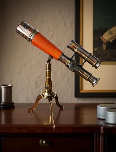 Vintage-Teleskop aus Messing mit Stativständer, 32 cm, nautisches Spionageglas mit Lederumwicklung und Suchfernrohr, antikes dekoratives Sammlerstück für Schreibtisch, Bibliothek oder Bürodekoration