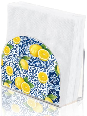 SUPERDANT Limones Servilletero Para Mesas Titular de Pañuelo Acrílico Limón Con Azulejos Azules Papel Cóctel Servilletero Para La Cocina Acrílico Dispensador De Servilletas Hogar Comedor Restaurante