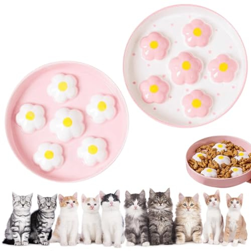 LEKEFETO 2 stycken anti-snälla katter keramik, anti-snigel skål katt, långsam utfodring kattskål, ätskålar för katter, för alla kattstorlekar – 16 x 16 cm, rosa + vit