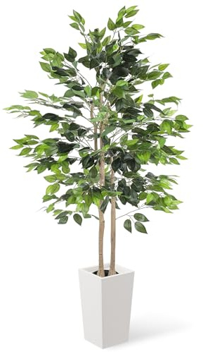 YOLEO 5.5FT Artificial Ficus Tree with White Tall Pot Indoor | Lifelike Faux Silk Tree for Homes & Offices Decor 170cm