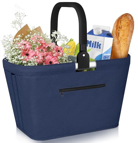 35L Cesta de la Compra Plegable, Cesta de Picnic con Asas Acolchadas, 600D Tela Oxford Cesta de Transporte Grande para Familia, Bolsa de Compra Práctica para Viajes, Picnics, Compras, Regalos - Azul