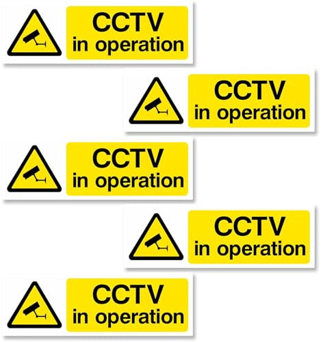 5 PCS CCTV in Operation Sign, 15×5cm Self-Adhesive Weatherproof CCTV Stickers, Rigid PVC Landscape Warning Signs for Window Outdoor Indoor Use (Yellow)