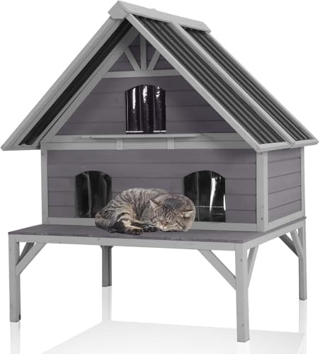 Aivituvin Outdoor Cat House, Wooden Two-Story Feral Cat Shelter Outside, Weatherproof Kitty Home with 3 Escape Doors, Windows and Removable Floors, Cat Condo Indoor (Grey, XL)