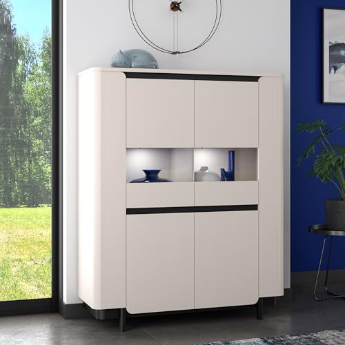 Forte VODOL Highboardvitrine 130, moderner Vitrinenschrank mit 2 Türen und abgerundetem Eckendesign, Holzwerkstoff, Kaschmir|Beige, 130,3 cm breit x 161,1 cm hoch x 44,8 cm tief