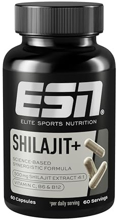 ESN Shilajit+ Kapseln - hochdosiert mit 2000 mg Shilajit (Mumijo) | Mit Vitamin C, B6 und B12 für mehr Energie und Fokus - vegan - 60 Kapseln, 60 Portionen