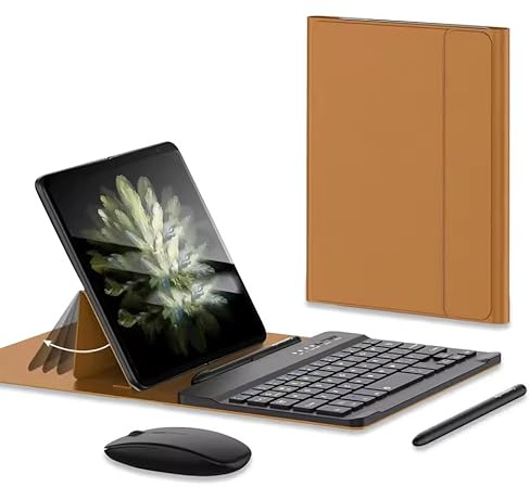 QWERTY - Mini teclado y mouse con Bluetooth y bolígrafo inalámbrico para Samsung Galaxy Z Fold 7 3 4 5 6 One Plus (marrón)