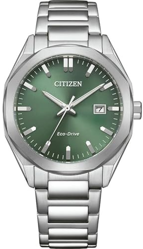 Citizen Eco-Drive Herrenuhr Edelstahl, Grün, 38 mm, BM7620-83Y | Analog Quartz, Kristallglas, 10 bar Wasserdicht, 180 Tage Gangreserve, Datum, Edelstahlband
