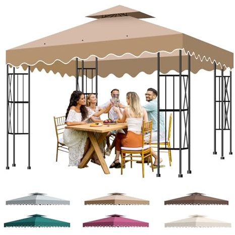 Ersatzdach Pavillon 3x3 Wasserdicht Doppel Pavillondach Gartenpavillon Ersatzdach mit Air Vent und 12 Wasserabflusslöcher, Abnehmbares Ersatzbezug für Pavillon für Garten, Terrasse und Camping (Khaki)