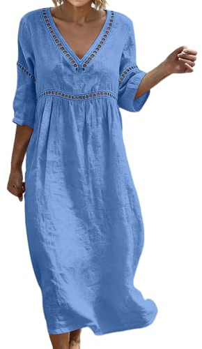 Robe Coton Lin pour Femme Été Fluide Manche 7/8 Chic et Elegant Robes Col V Décontractée Grande Taille Robes Couleur Unie Respirant D'été Boheme de Plage Vacances Maxi Dress Capsule Wardrobe