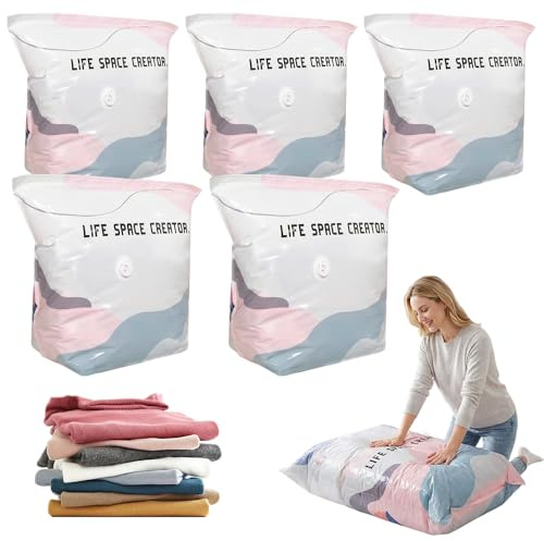 Vacuum Storage Bags, 2026 Upgrade Vacuum Pack Bags for Clothes, Space Saver Bags for Clothes Duvet Travel and Home, Home Reusable Storage Bags Save 80% More Storage Space (5Pcs, 70x50x30CM)