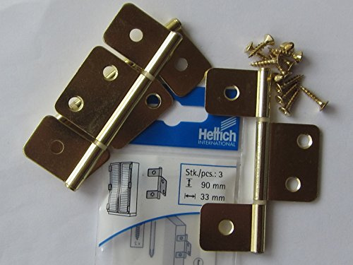 Hettich Lamellentürscharniere für innenleigende und vorliegende Türen, 90 x 33 mm, Stahl vermessingt, 3 Stück, 62336