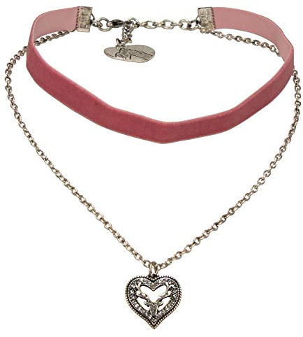 Alpenflüstern Trachten-Samt-Kropfband Trachtenherz-Kette Hirsch - nostalgische Trachtenkette enganliegend, Kropfkette elastisch, Damen-Trachtenschmuck, Samtkropfband schmal rosa-rosé DHK267