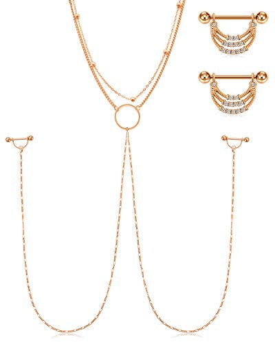 AceFun 3Stk Brustwarzenpiercing Nippel Ring Edelstahl mit Kette Halskette Herz Zirkon Nippelpiercing Brustpiercing Barbell Piercing Unisex Punk Roségold