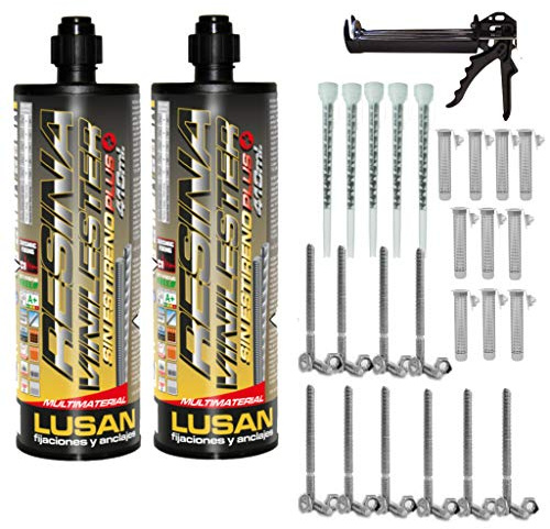 Kit cheville chimique 410 ml. Vinilester Plus hautes performances. 2 chevilles chimiques vinylester 410 ml. + 5 buses + 1 pistolet + 10 tamis + 10 goujons