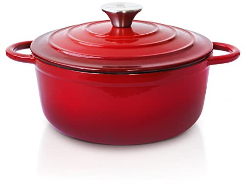 Trustmade 3 QT Cast Iron Dutch Oven, Enamel Coated Cookware Pot with Self Basting Lid for Home Baking, Braiser, Cooking, Red