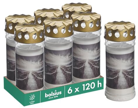 Bolsius Grablicht - Weiß - 6 Stück - Länge Brenndauer 120 Stunden - Trauerkerze & Gedenkstätte Kerzen - mit Motiv - Berg - Unparfümierte - Ohne Palmöl - Nr5