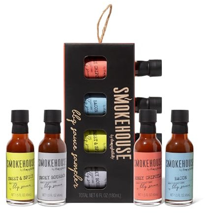 Smokehouse by Thoughtfully, Smokehouse Gourmet BBQ Sauce Sampler Set, Flavours Include Honey Chipotle, Smoky Bourbon, Sweet and Spicy, and Bacon BBQ Sauce, Pack of 4