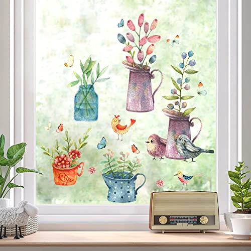 WandSticker4U®- [Aquafarben] Fensterbilder Frühling BLUMEN in TÖPFEN selbstklebend I Fenstersticker Kinder Blumen Vögel Frühling I Fensteraufkleber Frühlingsdeko Fenster Kinderzimmer Küche Bad GROß