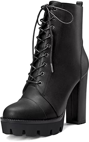 Castamere Mujer Alto High Heel Plataforma Chunky Ancho Redonda Punta Botines Cordones Cremallera Botas Negro 44 EU