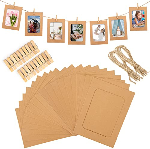 jijAcraft 20 Pièces Cadre Photo en Papier, 11.5 x 15.5CM DIY Cadre Photo Carton, Marron Cadre en Carton pour Photo avec 20 Clips et Cordes, pour Décoration Murale