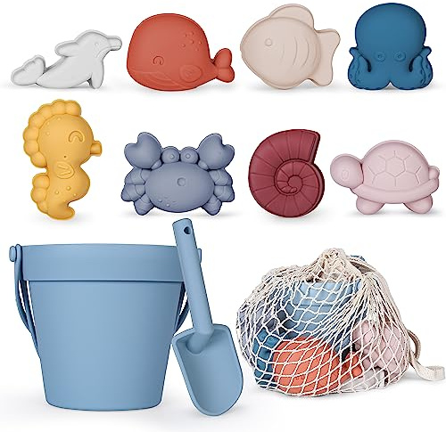 MarcZero 11Pcs Silicone Beach Toys,Modern Baby Beach Toys,Travel Friendly Beach Set,Silicone Bucket, Shovel, 8 Sand Molds, Beach Bag,Silicone Sand Toys for Toddlers, Kids (Blue)